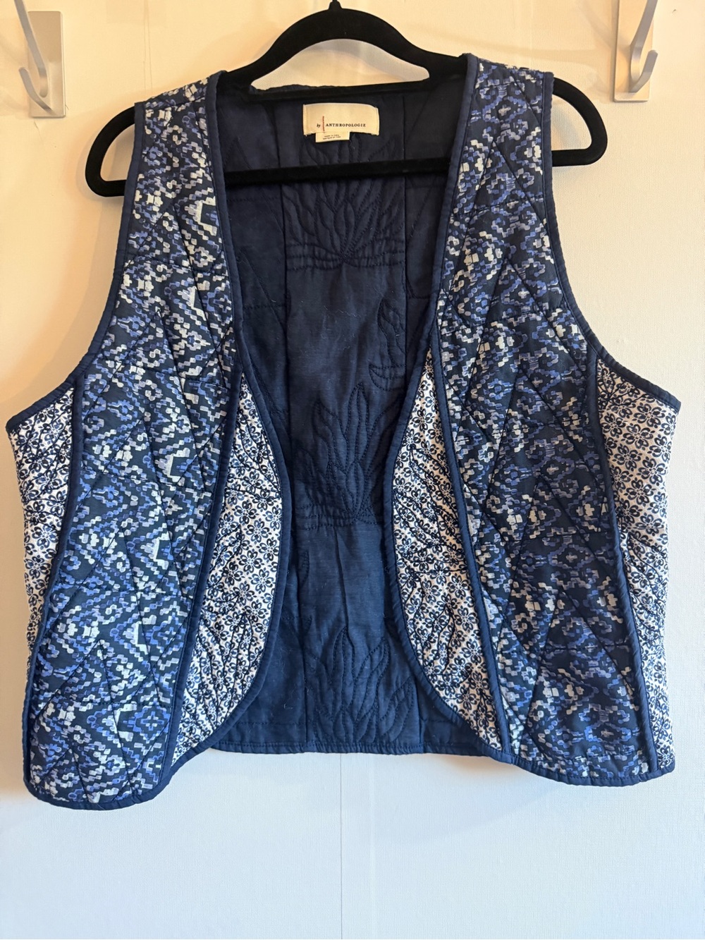 Anthropologie Blue Quilted Block Print Boho Open Front Vest Cotton Modal